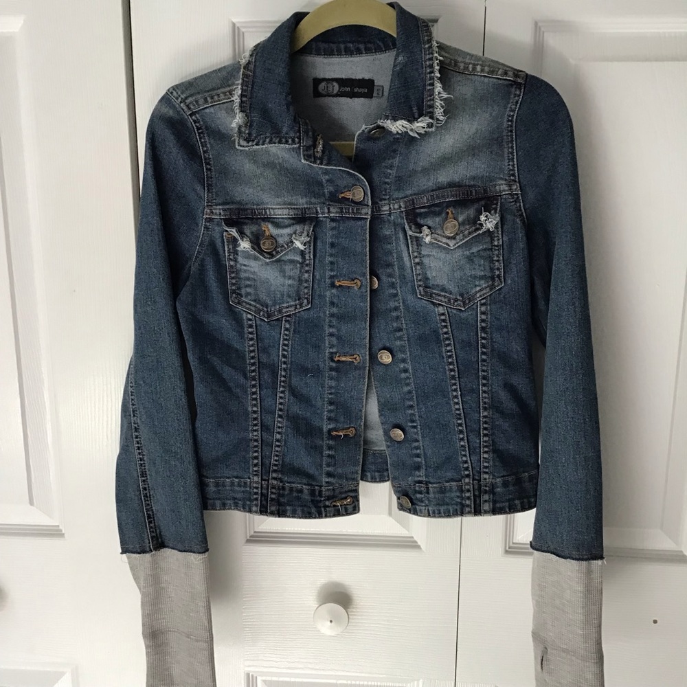 JET John Eshaya Distressed Denim Fray Jacket Cotton Sleeves Cowboy P/S